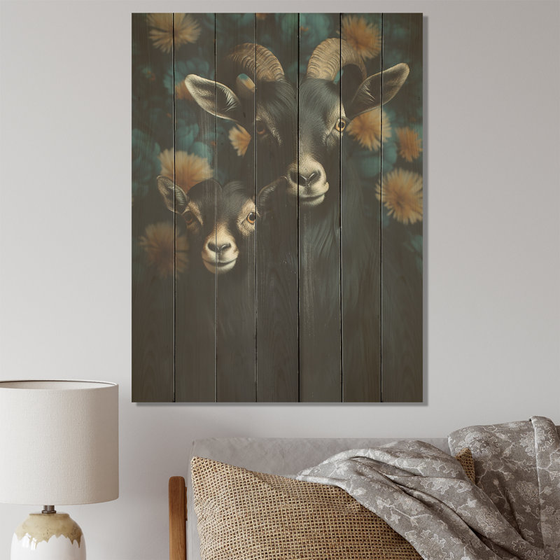 Famille de chèvre noire en fleurs - animal de chèvre sur bois, H 40 po x l 30 po