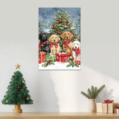 Large Abiella - Festive Dogs Winter Scène, affiche de vacances, affiche de Noël, œuvre d'art sur toile tendue pour arbre de Noël, 24 po x 36 po