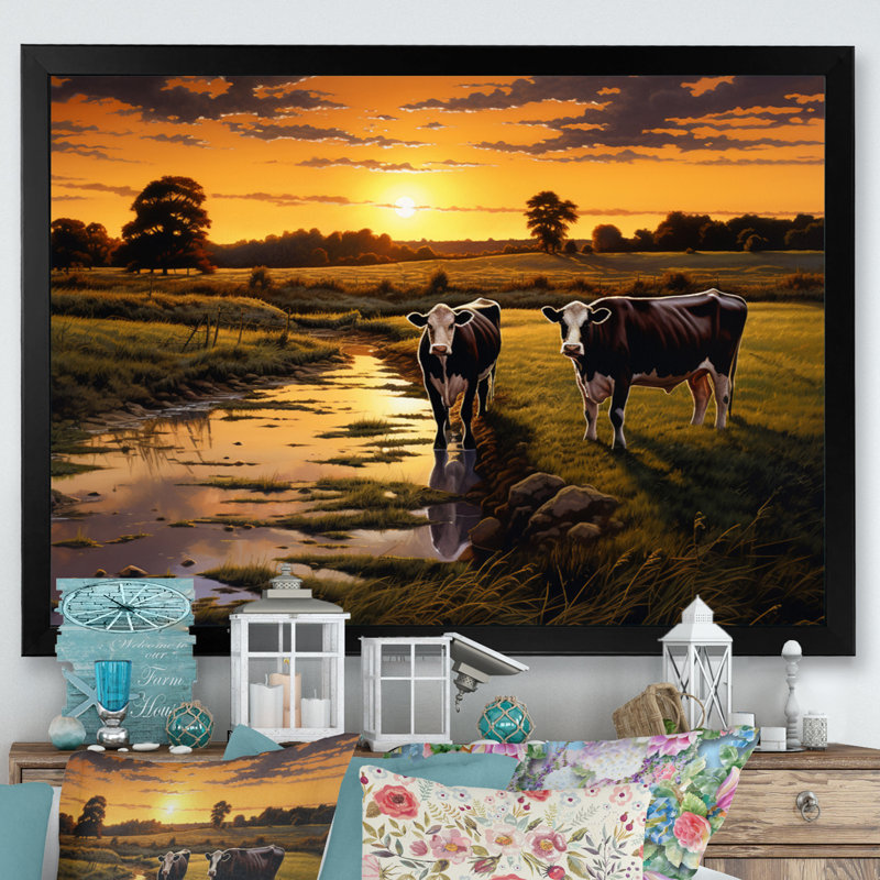 Cows At Farm Landscape IV, reproduction d'art sur toile, Cadre simple noir, H 12 po x l 20 po x P 1 po