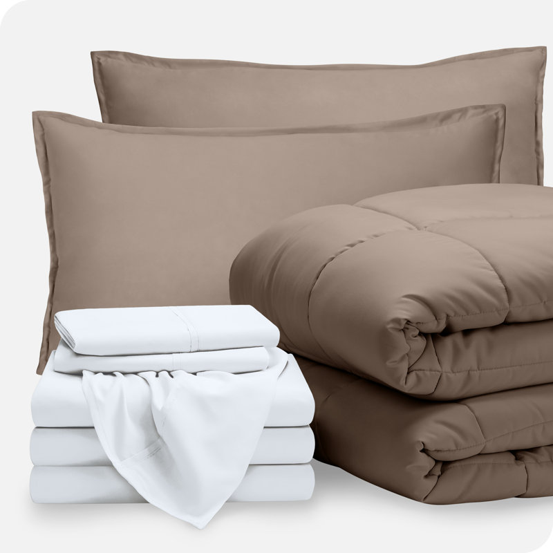 Microfiber Bed-In-A-Bag, Taupe/White, Split Cal. King Comforter + 7 Additional Pieces