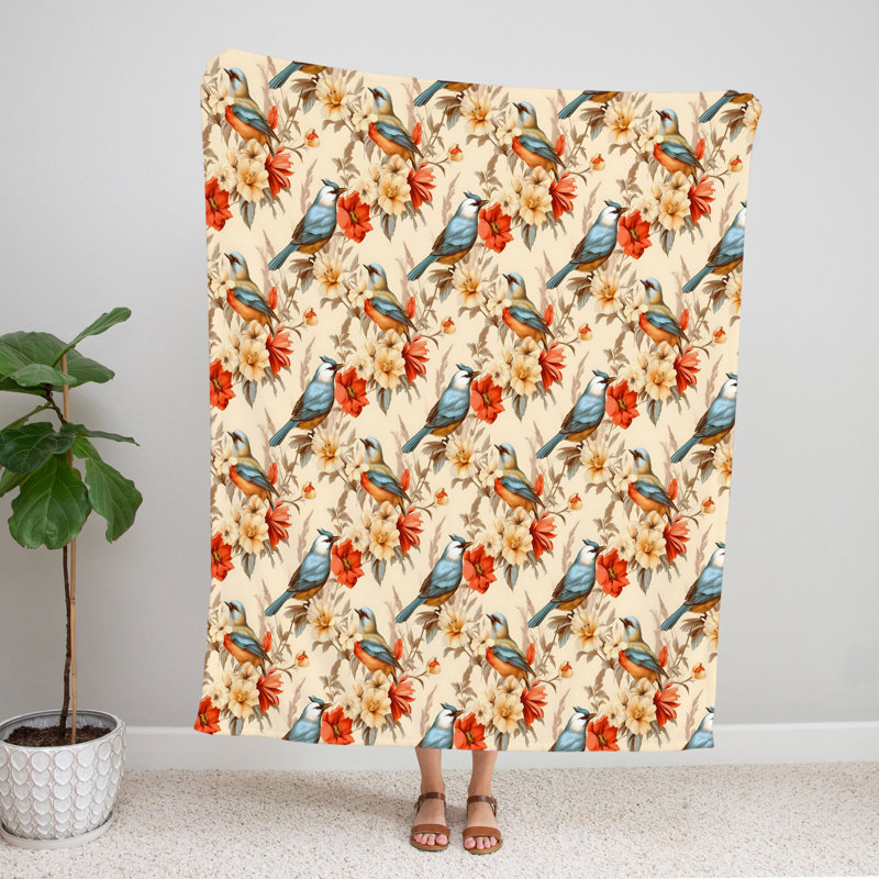 Throw Blanket, 68" W x 80" L, Animal Print/Floral, Blue/Orange/Beige