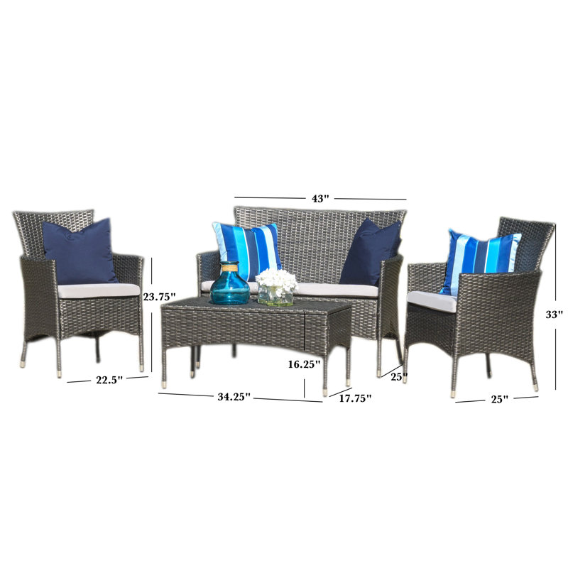 Ensemble de conversation avec canapé en rotin 4 pièces et coussins Amarrie, Gris