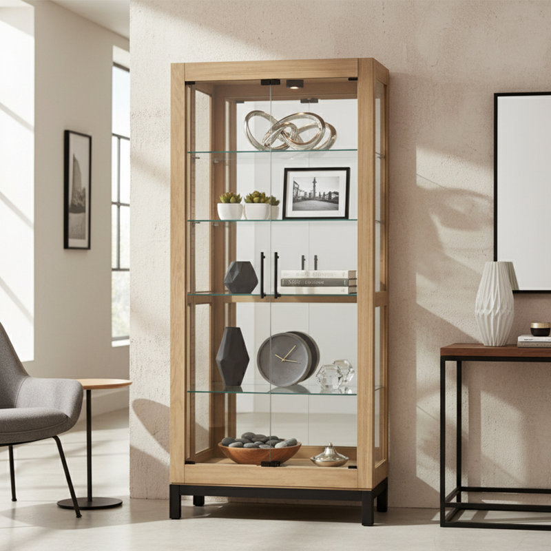 Kavita Glass Curio Cabinet with Adjustable Shelves and Interior Lighting, Natural Finish
