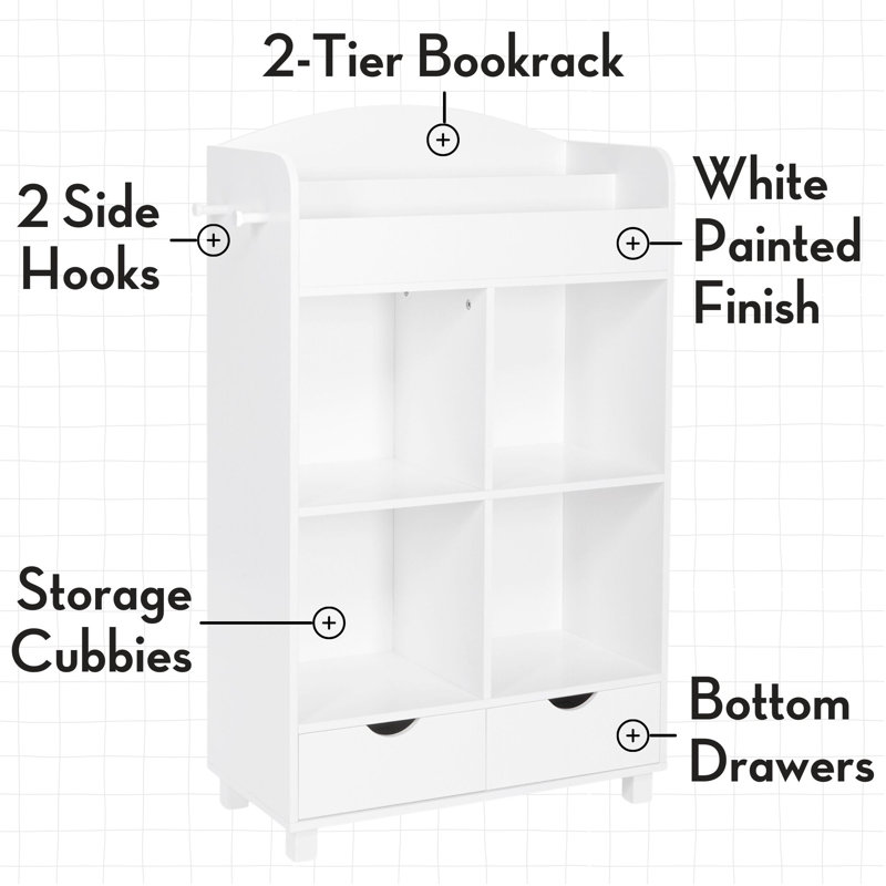 RiverRidge Kids Book Nook Cubby Toy and Art Storage Cabinet with Bookshelf, Drawers, and Hooks - White with 2 10" Floating Bookshelves