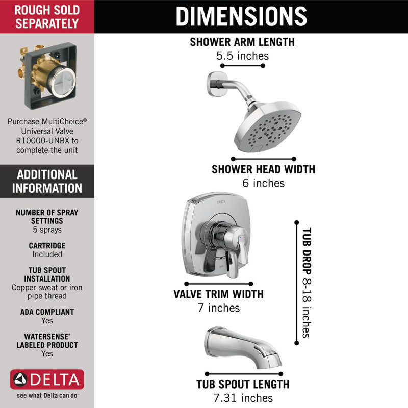 Stryke 17 Series Tub and Shower Faucet Trim with Diverter and H2Okinetic Technology, Chrome