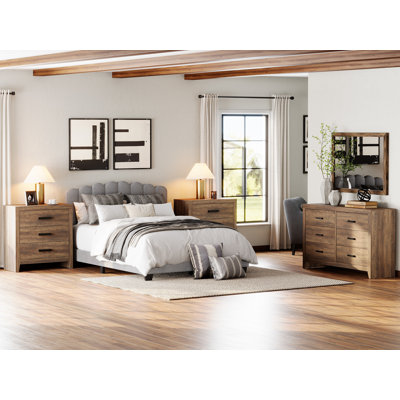 Ensemble de chambre à coucher rustique Eaton Farmhouse, commode en bois à 6 tiroirs avec deux tables de chevet assorties, rangement polyvalent pour la chambre à coucher, le salon ou l'entrée, brun