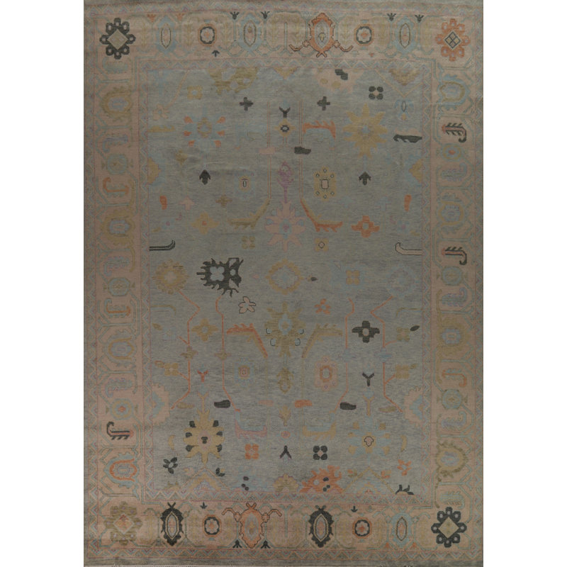 Grand tapis bleu indien à motif floral Oushak 12 x 15