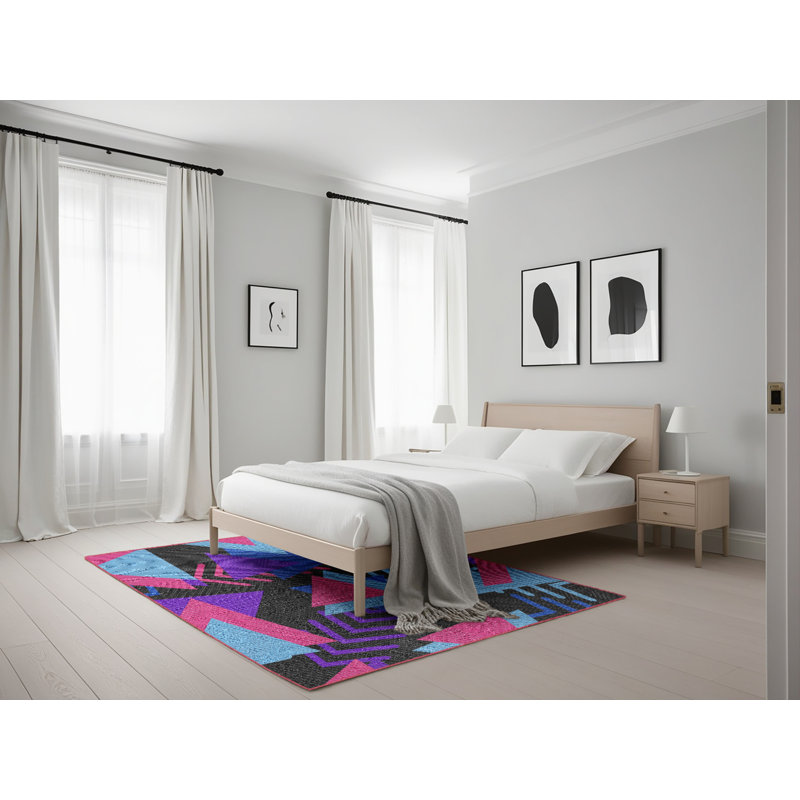 Tapis rose/mauve/bleu tissé à la machine électrique, Rectangle 5 pi x 7 pi