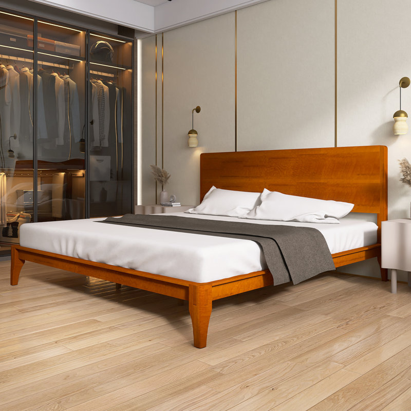 Mid-Century Modern Bamboo Wood Platform Bed With Wood Slat Support, No Box Spring Needed, Brown, King