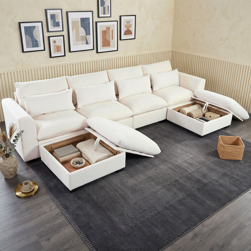 Canapé modulaire 6 places avec 2 repose-pieds et structure en bois, Beige