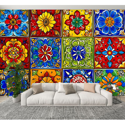 Peel and Stick Wallpaper Mexican talavera ceramic tile Ethnic folk ornament Italian Wall Murals 100"H x 144"W Removable PVC Wall Paper Self-Adhesive Wall Decor for Bedroom Living Room Home Office