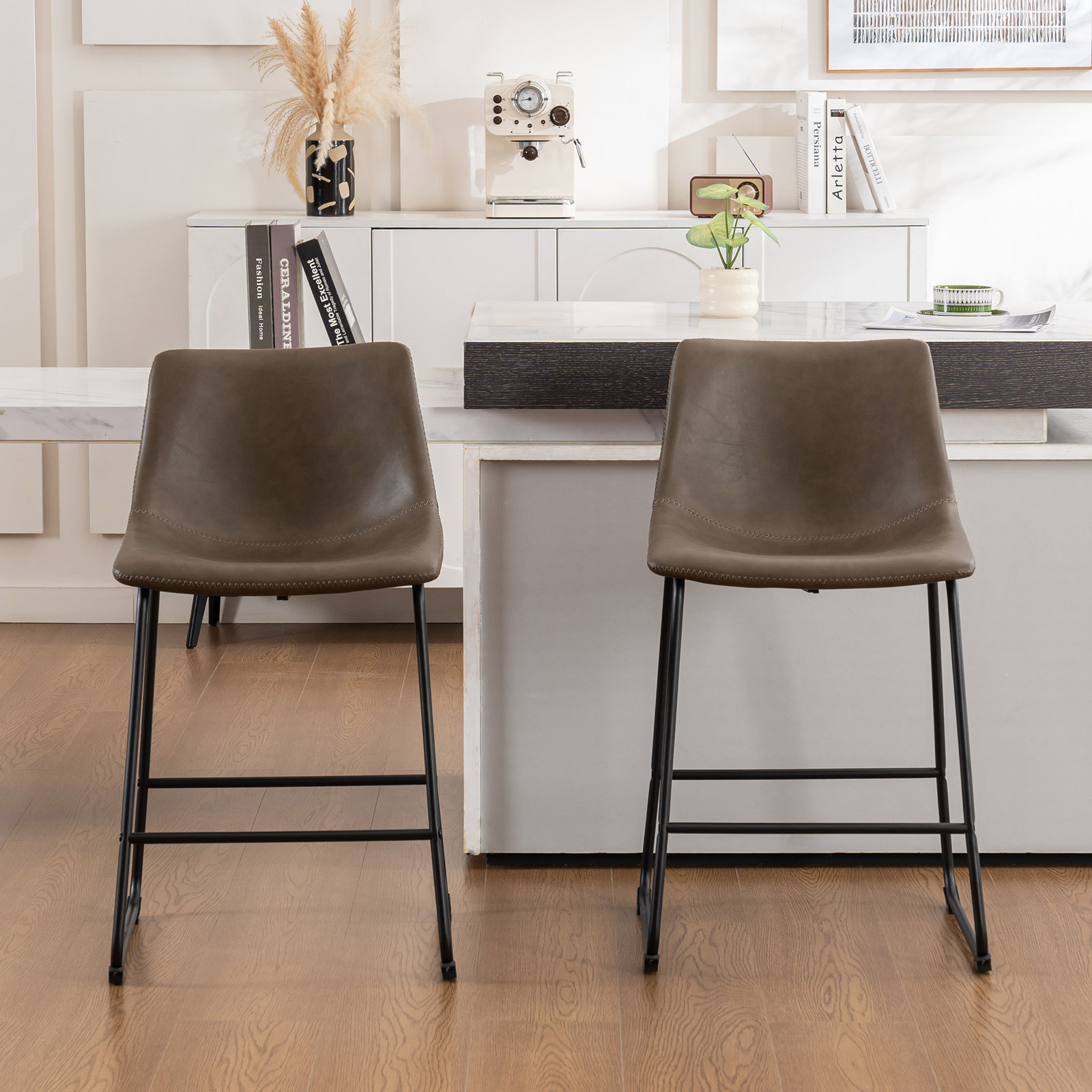 Anke Vegan Leather Armless (Set of 2), Counter Stool (24” Seat Height), Green