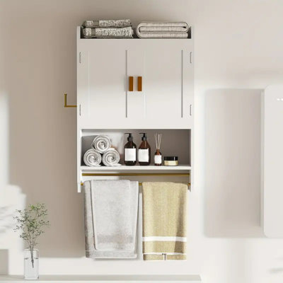 White Bathroom Cabinet, Wall Mounted With Towels Bar, Double Doors Medicine Cabinet With Adjustable Shelves, Over Toilet Cabinet For Bathroom Laundry Room Kitchen