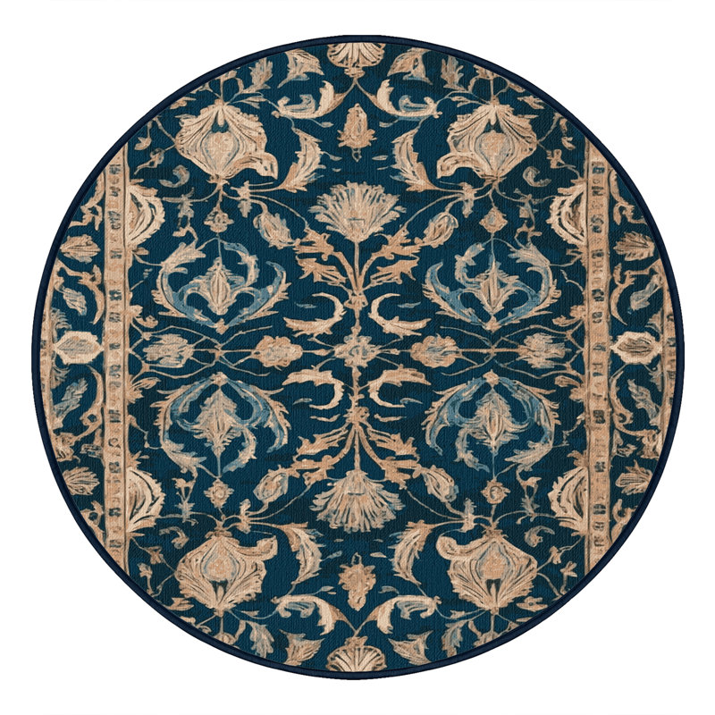 Tapis bleu persan lavable à la machine, Rond 8 pi