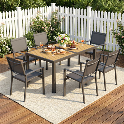 Ensemble de salle à manger 7 pièces pour l'extérieur, table et chaises pour 6 personnes avec plateau HDPS rectangulaire et structure en métal résistant aux intempéries, ensemble de salle à manger de patio toutes saisons pour cour, terrasse et jardin