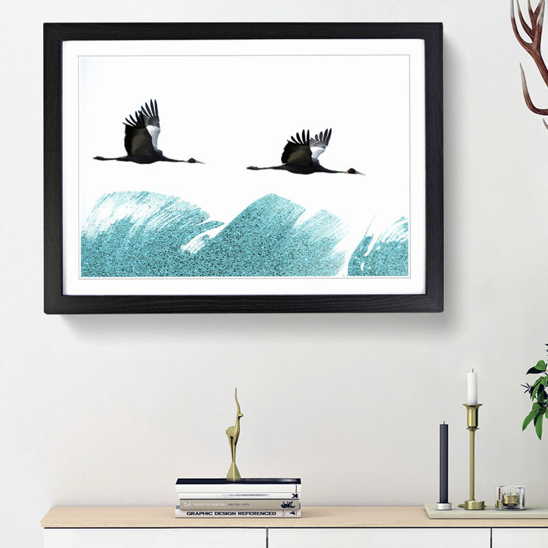 A Couple of Crane Birds Flying in Abstract - Picture Frame Painting Print, Black Framed, 36cm H x 48cm W x 2cm D