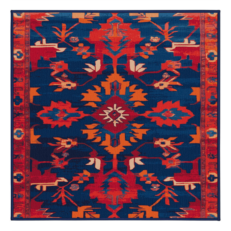 Tapis bleu Tabriz lavable à la machine, Carré 4 pi