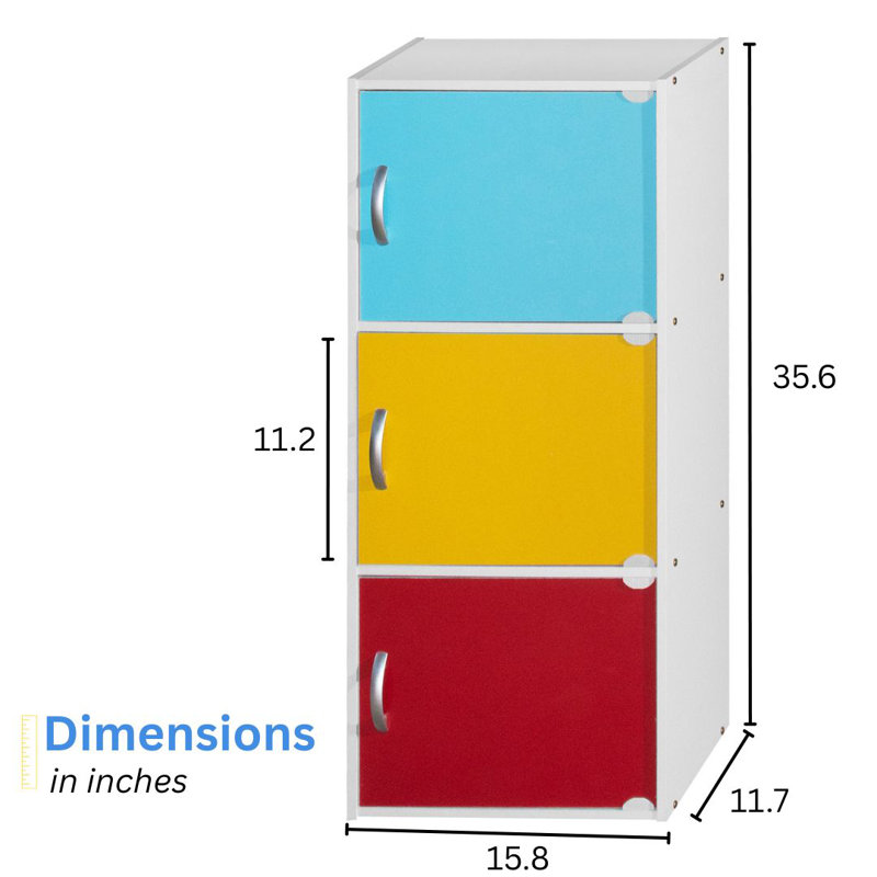 3-Doors, 3-Shelf Bookcase 35.6 in. Tall Enclosed Storage 3-Tier Bookshelf for Home or Office, Rainbow