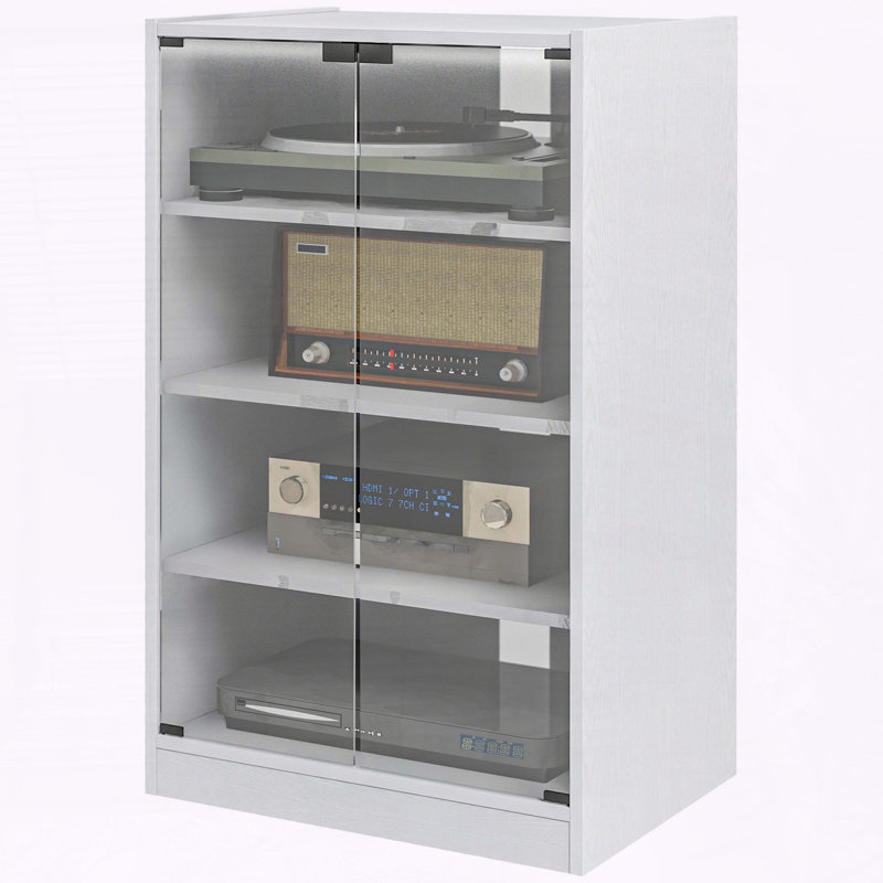 Media Cabinet with Tempered Glass Doors & Adjustable Shelves – 4‑Tier Stereo Stand with Cable Management, White