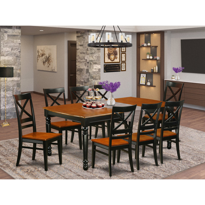 Ensemble de table de cuisine 9 pièces comprenant une table de salle à manger rectangulaire avec rallonge papillon et 8 chaises de salle à manger, 42 po x 78 po, noir et cerise