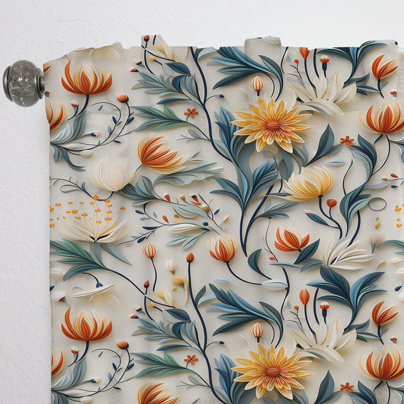 Rideau bohémien zen orange et vert avec fleurs tranquilles - 1 panneau de velours obscurcissant, L 52 po x L 108 po