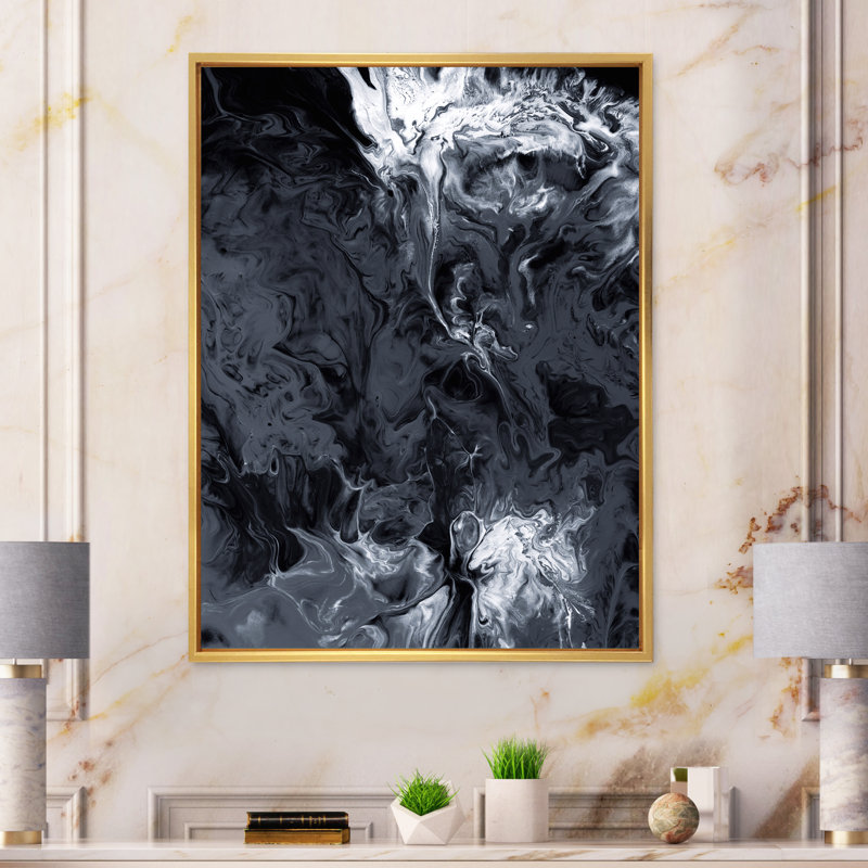 Nuage blanc sur fond noir - peinture sur toile, Cadre flottant doré, H 44 po x l 34 po