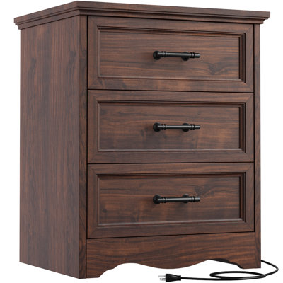 Farmhouse Nightstand with Charging Station, 19.7" End Table with 3 Storage Drawers, Brushed Metal Handles for Bedroom Living Room, Walnut