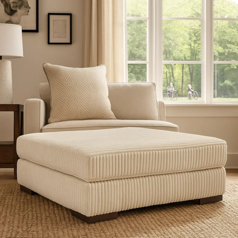 Lindy Accent Ottoman, Square 51 Inch Modern Style, Polyester, Ivory