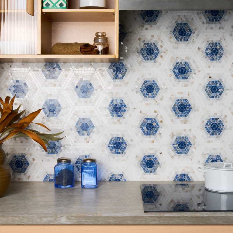 Ako 6" Hexagon Marble Micro Mosaic Tile, Azul Blue