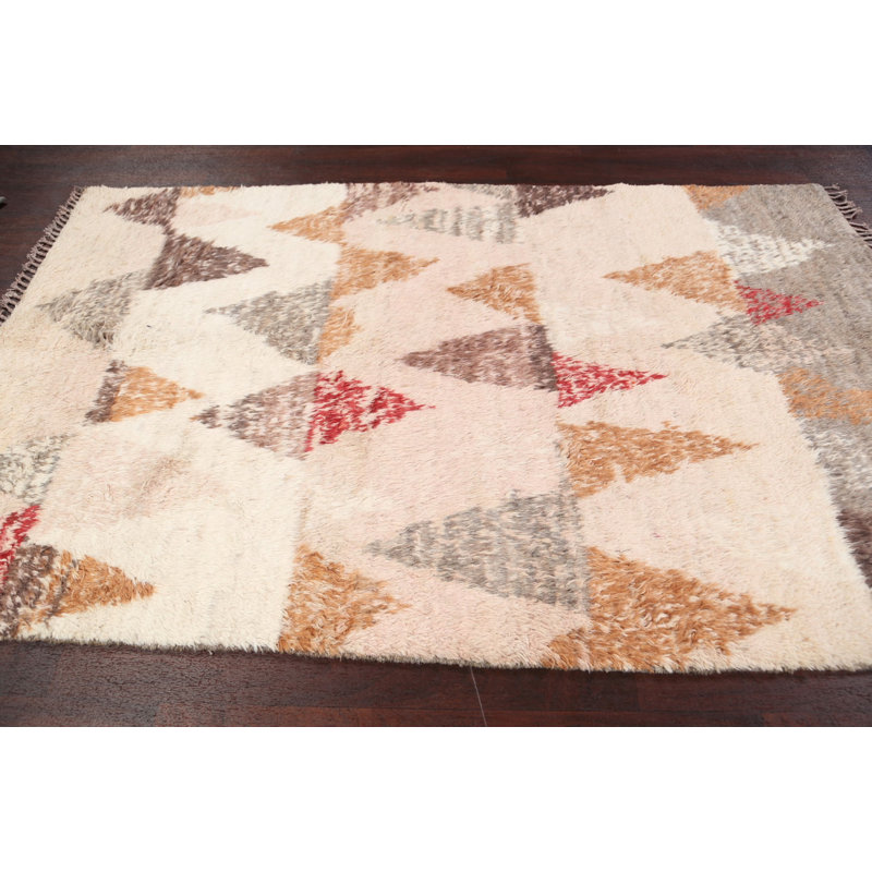 Tapis décoratif en laine de style marocain Ivoire de conception unique 5 pi x 7 pi 7 po noué à la main New Age