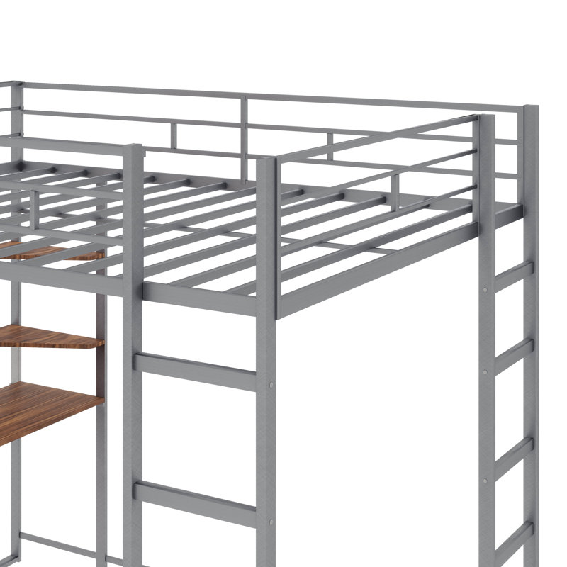 Lit mezzanine pour enfants avec 2 tablettes et 1 bureau Gatland, Double, Argenté / Brun