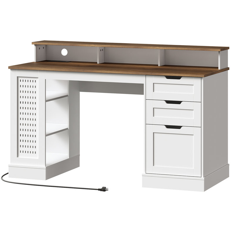 55-Inch Farmhouse Executive Desk with 2 Drawers and File Cabinet, Computer Desk with 3-Tier Storage Shelves, Home Office Desk with Charging Station, Pegboard and Monitor Shelf
