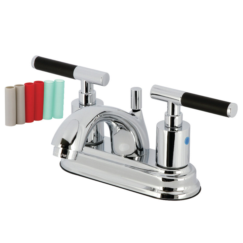 Kingston Brass Kaiser Two-Handle 3-Hole Deck Mount 4" Centerset Bathroom Faucet with Plastic Pop-Up, Silver