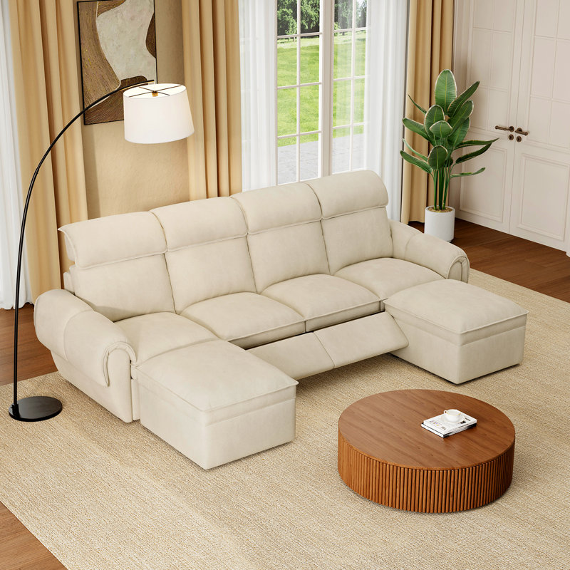 4 Seater Modular Power Reclining Sofa With 2 Ottomans, Recliner Couch With Usb & Type-C Ports, Off White, 1 Power Seat