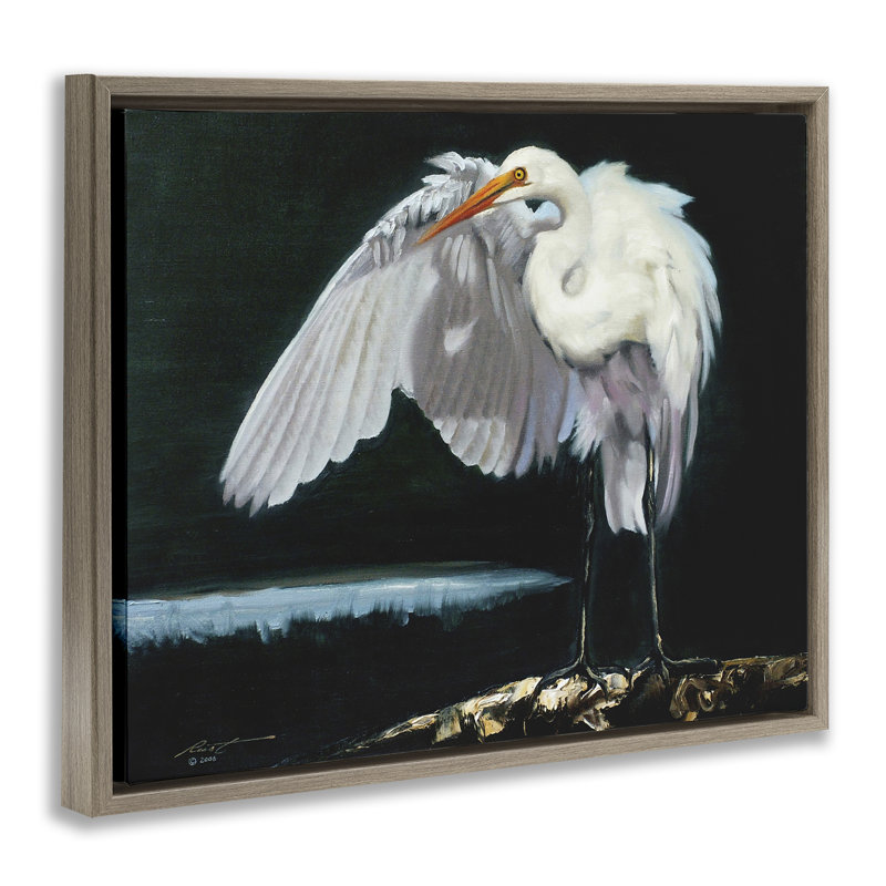 «Stoic Heron», art mural sur toile par D. Rust, H 25 po x l 31 po, Cadre flottant orme Montalcino