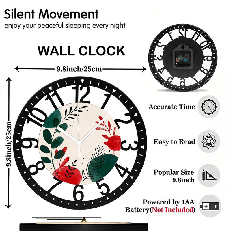 Horloge murale ronde en fer 10 po avec mouvement à quartz silencieux, chiffres arabes, impression UV, Rouge et vert
