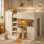 Lit mezzanine double en bois avec garde-robe intégrée, bureau, tablettes de rangement et tiroirs