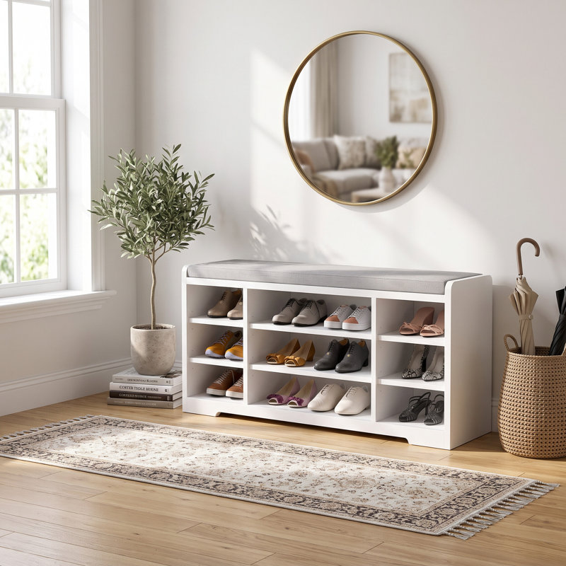 Banc de rangement à chaussures blanc à 9 cubes avec siège rembourré pour vestibule, couloir et garde-robe