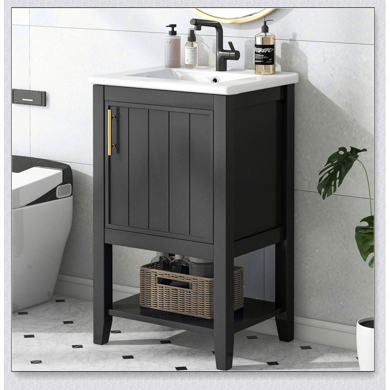 Meuble-lavabo de 20 po avec lavabo, armoire de salle de bain avec porte à fermeture douce, support de rangement et tablette ouverte, noir