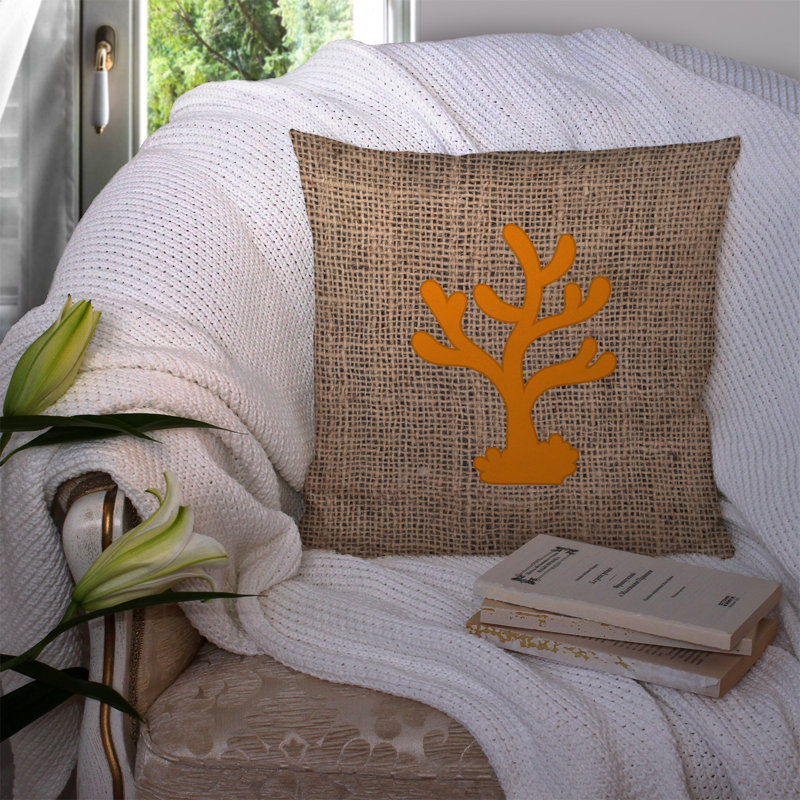 Coussin décoratif intérieur/extérieur corail en toile jute, Orange, H 14 po x l 14 po x P 4 po