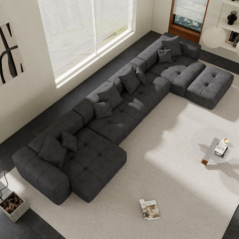 Kay Crumley 5-Piece Upholstered Modern Linen Fabric Sectional Sofa With Ottoman, Black