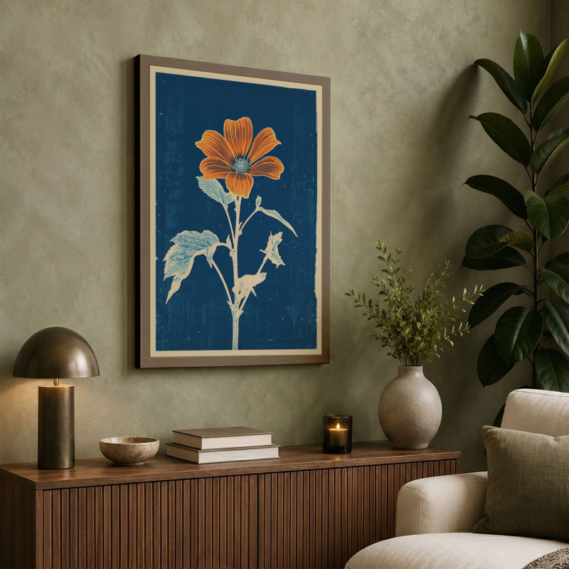 Orange Flower Study Botanical - Wrapped Canvas, 36x24 - 91.4 x 61.0 cm, Teal Border