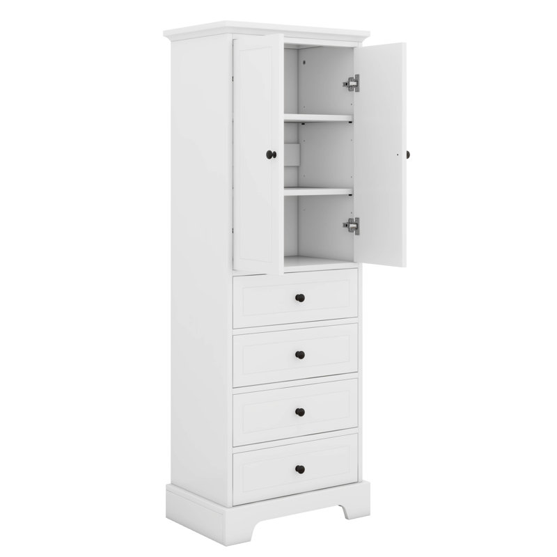 Armoire de rangement autoportante avec 2 portes, tablette réglable, 4 tiroirs, armoire de rangement pour salle de bain, panneau de fibres à densité moyenne