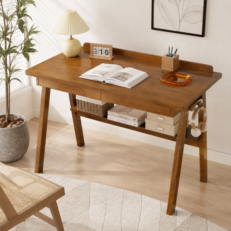 Bureau d'écriture en bois massif 40 po x 24 po avec tiroirs et tablette de rangement, bureau d'ordinateur moderne Mid-Century pour bureau à domicile et chambre à coucher, noyer