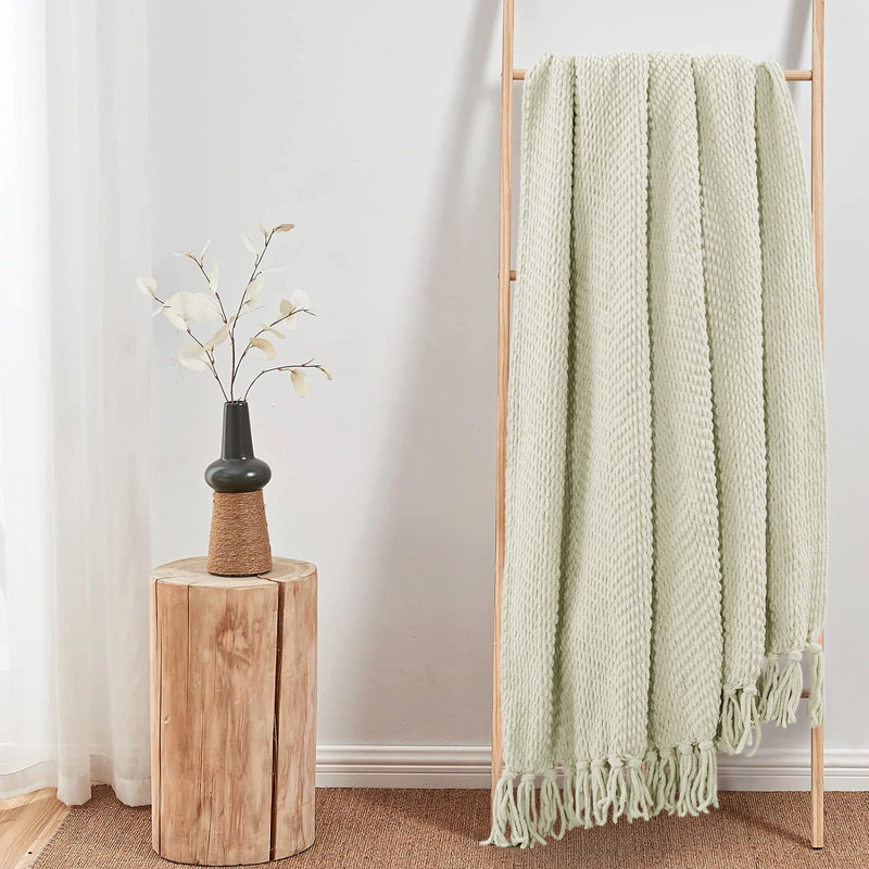 Oatmeal Knitted Lightweight Throw Blanket with Tassels