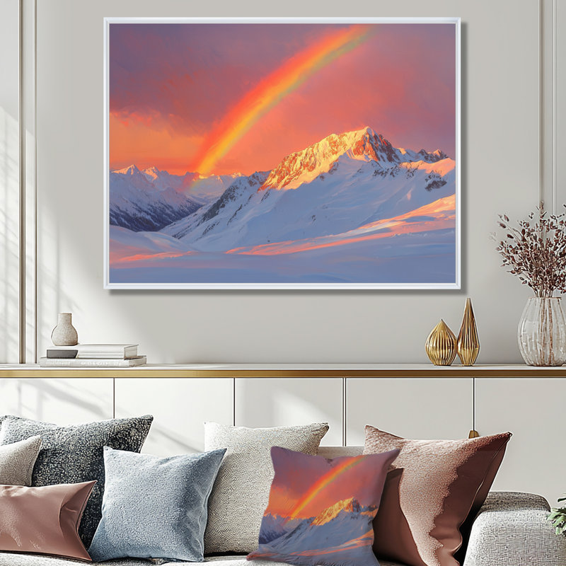 Rainbow Over The Snowy Peaks II - Rainbow Large, art mural, H 12 po x l 20 po, Cadre flottant blanc