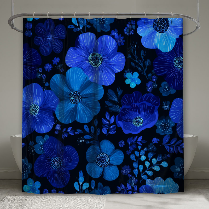 Rideau de douche floral - Boho bohémien, H 93 po x l 70 po, Blue/Dark Floral