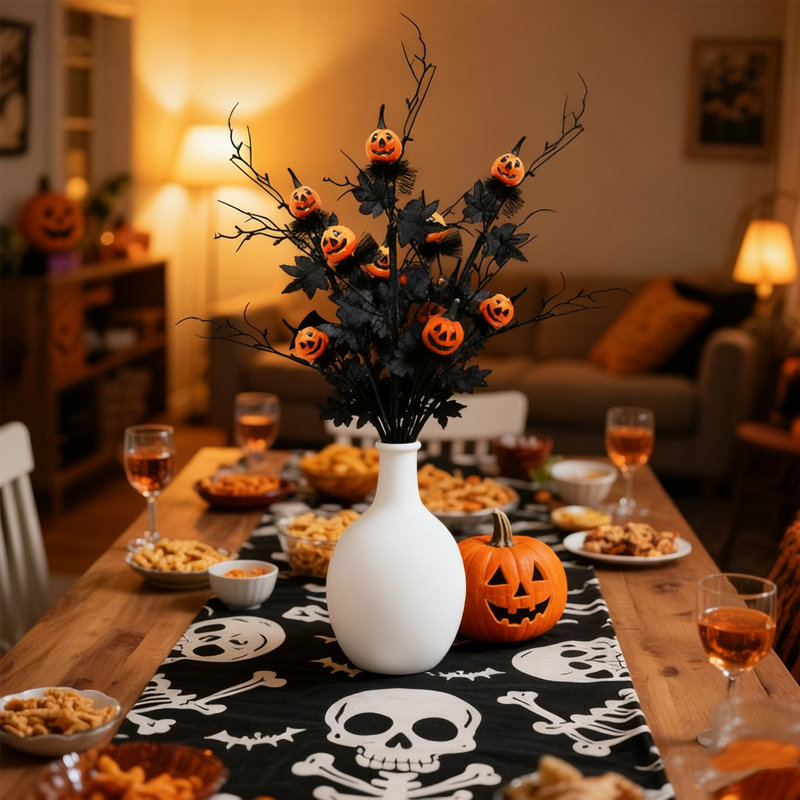 3 tiges d'Halloween artificielles avec citrouilles, feuilles d'érable noires, faux choix de branches de saule frisé, brindilles décoratives pour Halloween, bricolage, fête de l'artisanat, décoration de la maison (noir)