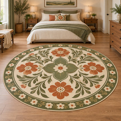 Tapis à motif de pavot rond 6 pi x 6 pi «Ultra Thin» pour salon, chambre à coucher et bureau à domicile, tapis à poils courts doux avec envers en silicone antidérapant