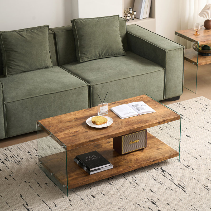 Table basse en verre trempé noyer